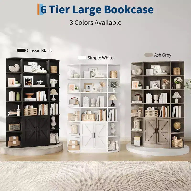 Bibliothèque 6 niveaux en bois avec meuble de rangement et portes, grand organisateur gris