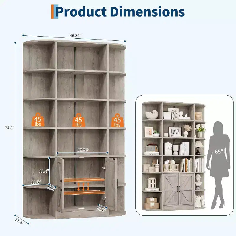 Bibliothèque 6 niveaux en bois avec meuble de rangement et portes, grand organisateur gris