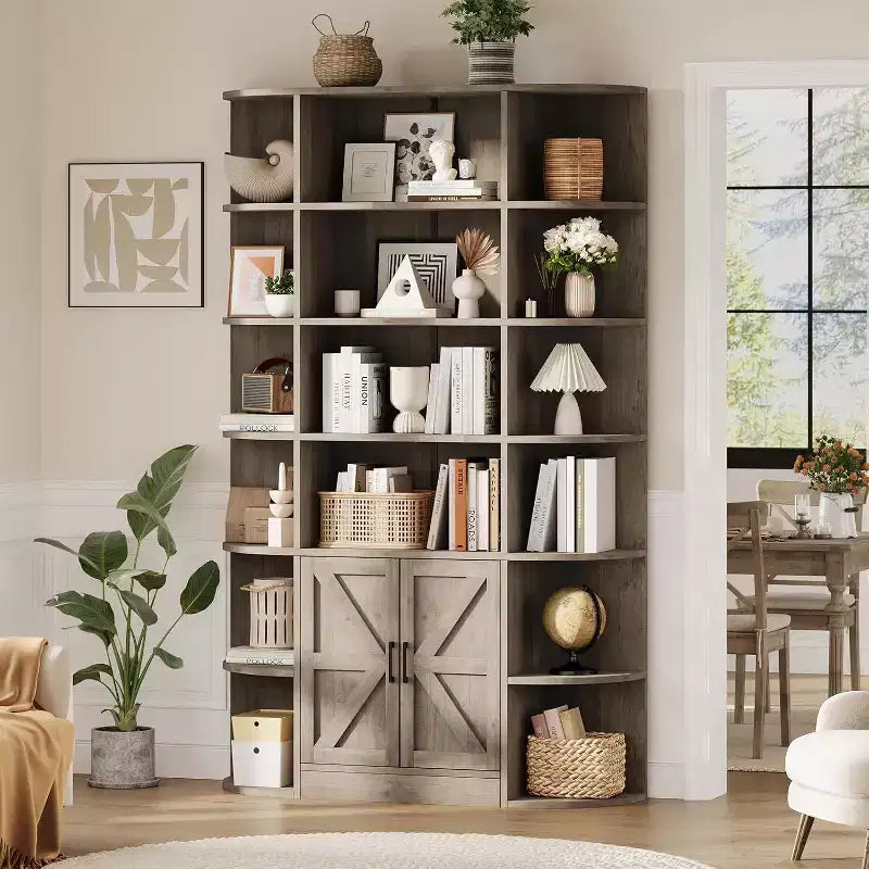 Bibliothèque 6 niveaux en bois avec meuble de rangement et portes, grand organisateur gris