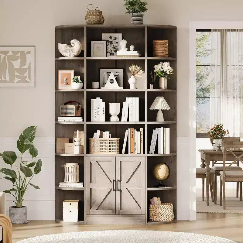 Bibliothèque 6 niveaux en bois avec meuble de rangement et portes, grand organisateur gris