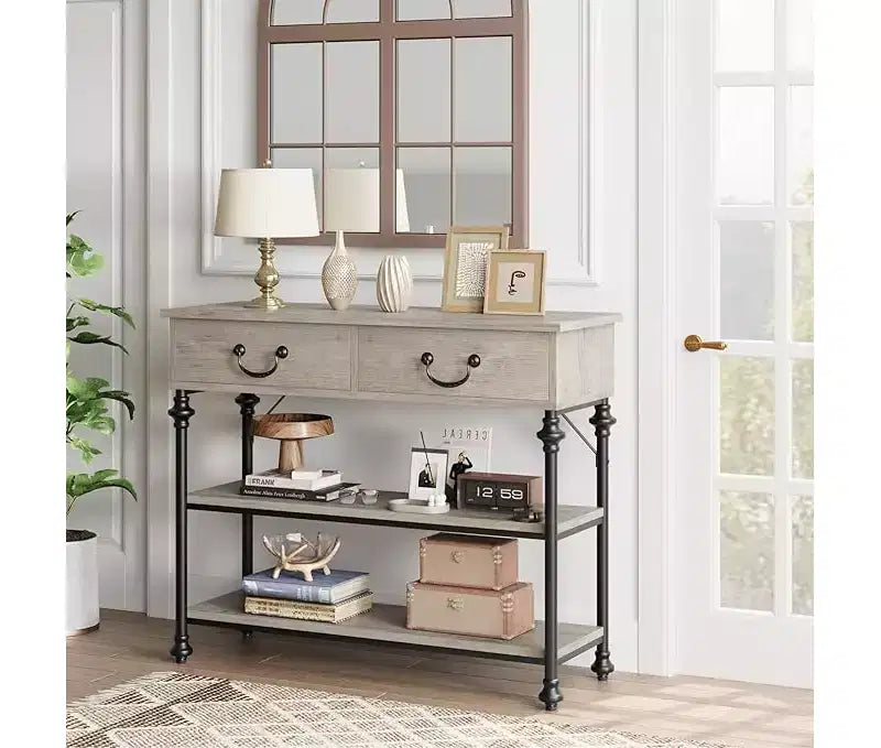 Petite console d'entrée avec 3 tiroirs, table de canapé étroite