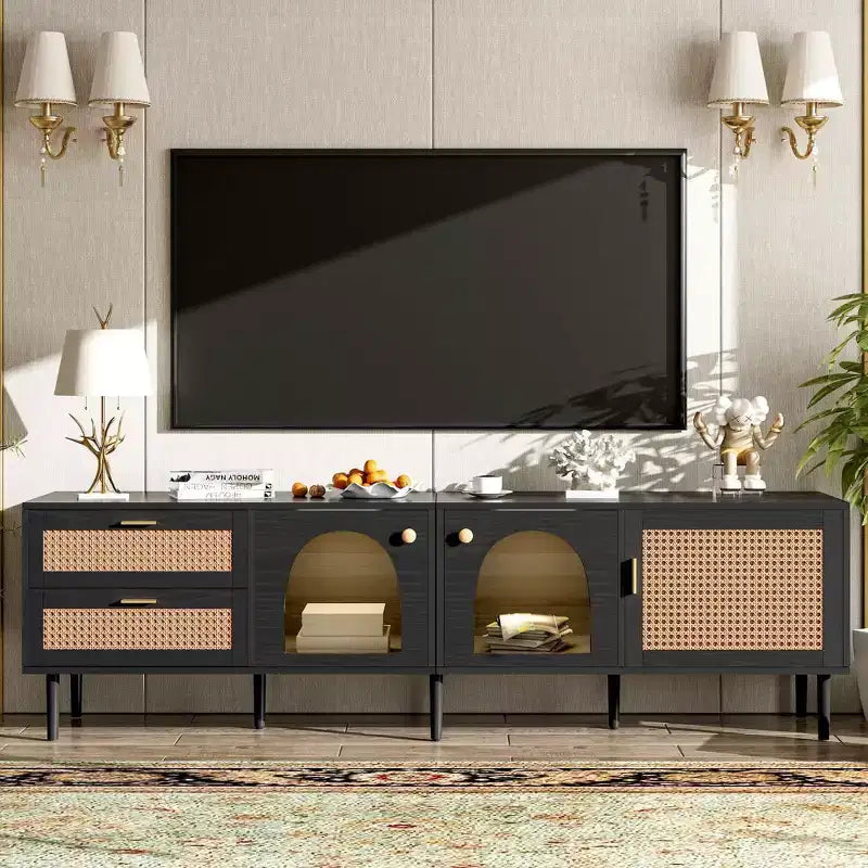 Meuble TV en rotin avec 3 armoires et 2 tiroirs, Meuble console média d'inspiration rotin