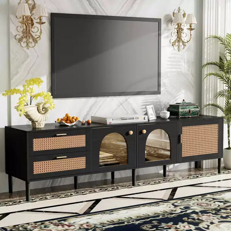 Meuble TV en rotin avec 3 armoires et 2 tiroirs, Meuble console média d'inspiration rotin