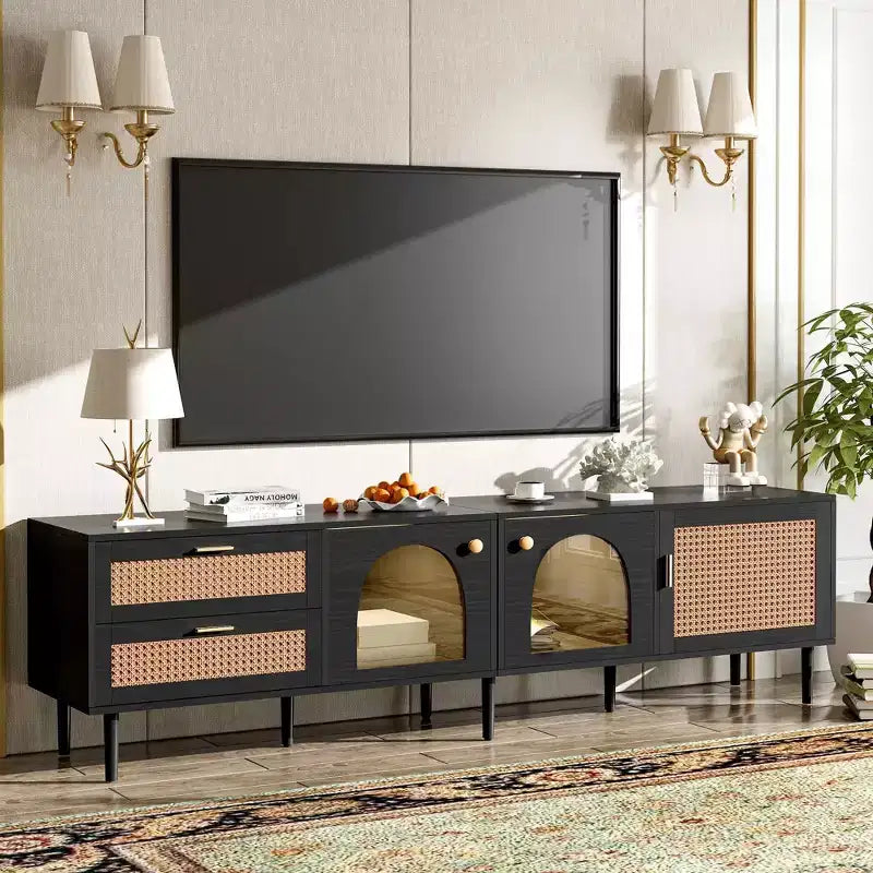 Meuble TV en rotin avec 3 armoires et 2 tiroirs, Meuble console média d'inspiration rotin