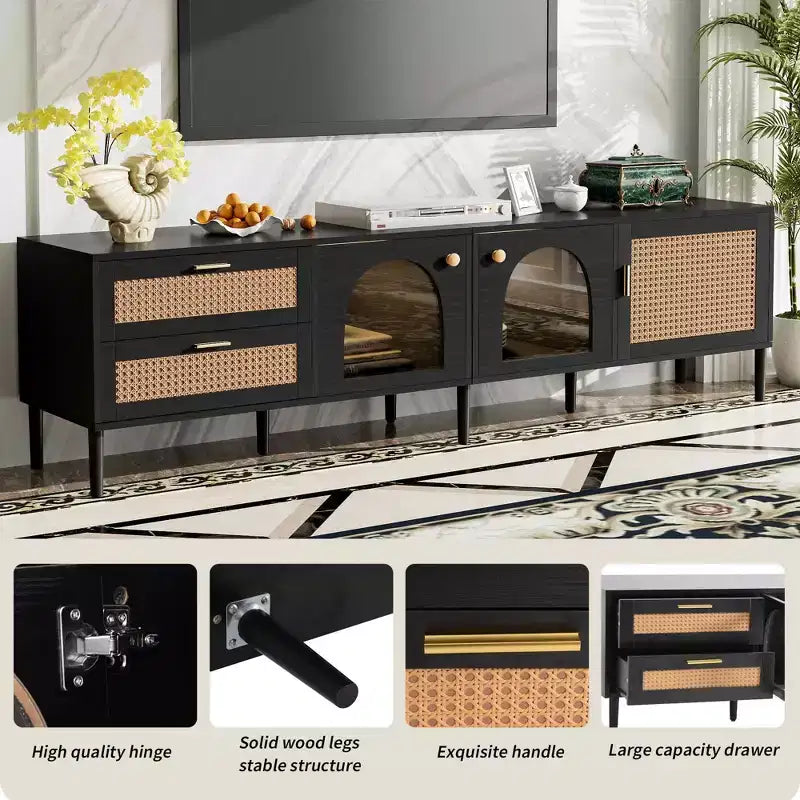 Meuble TV en rotin avec 3 armoires et 2 tiroirs, Meuble console média d'inspiration rotin