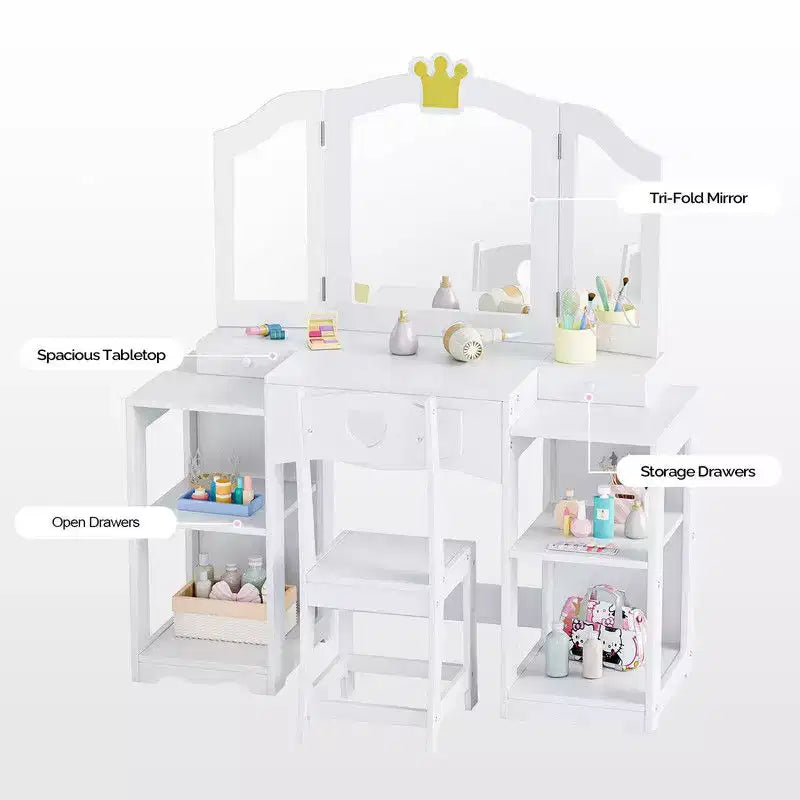 Coiffeuse pour enfants avec meuble de rangement et miroir triple