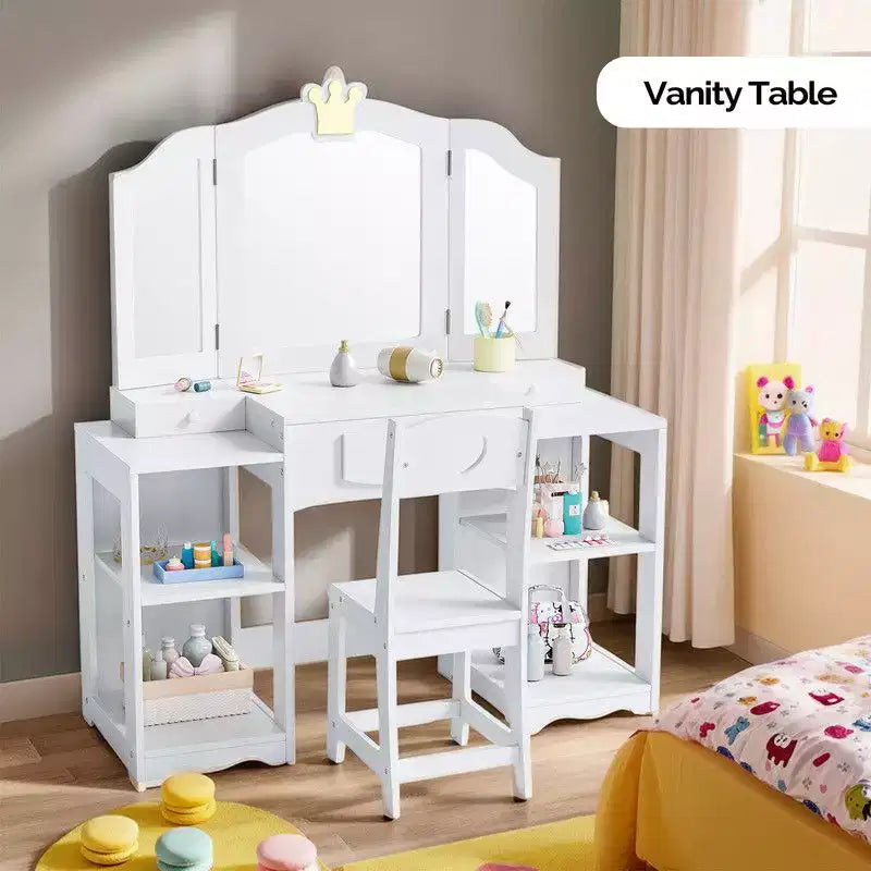 Coiffeuse pour enfants avec meuble de rangement et miroir triple