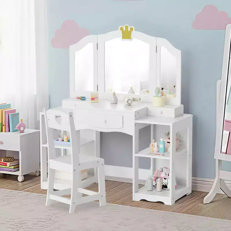 Coiffeuse pour enfants avec meuble de rangement et miroir triple
