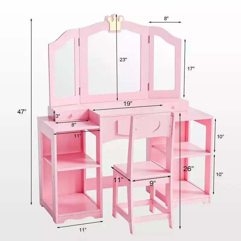 Coiffeuse pour enfants avec meuble de rangement et miroir triple