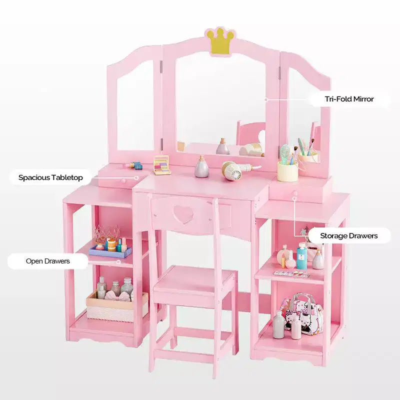 Coiffeuse pour enfants avec meuble de rangement et miroir triple
