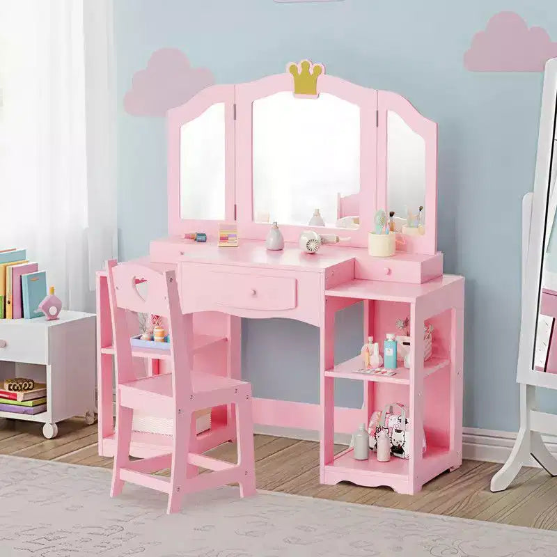 Coiffeuse pour enfants avec meuble de rangement et miroir triple