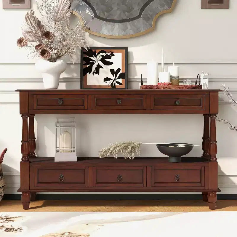 Console étroite en bois massif avec rangement, table basse moderne à 2 niveaux