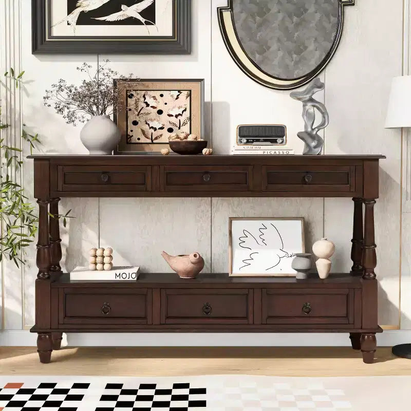 Console étroite en bois massif avec rangement, table basse moderne à 2 niveaux