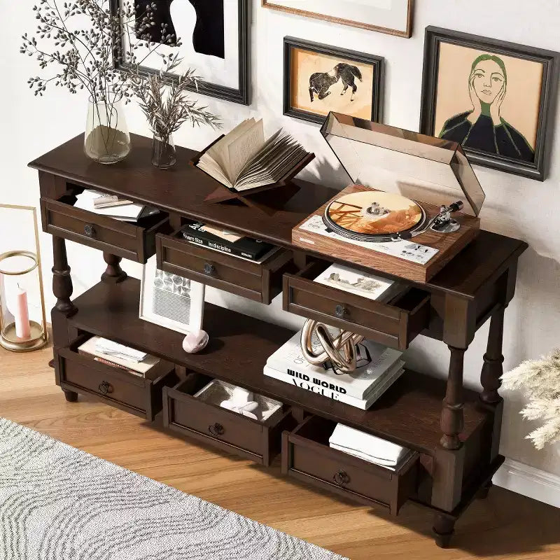 Console étroite en bois massif avec rangement, table basse moderne à 2 niveaux