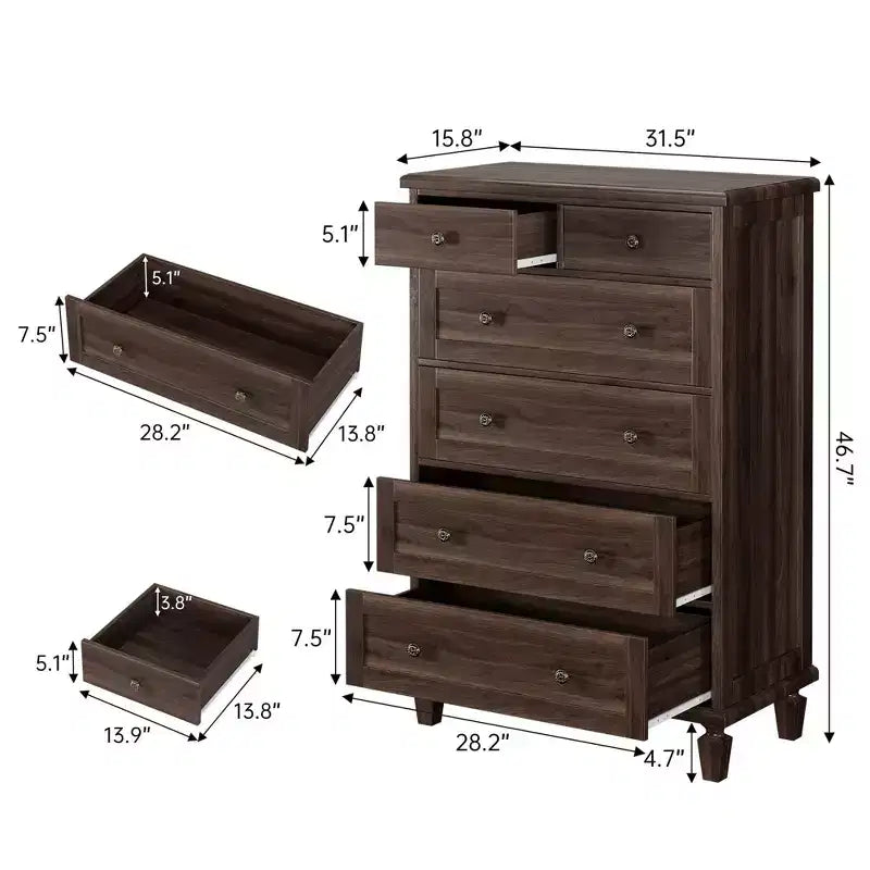 Commode de chambre à 6 tiroirs, commode vintage avec poignées sculptées