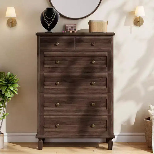 Commode de chambre à 6 tiroirs, commode vintage avec poignées sculptées