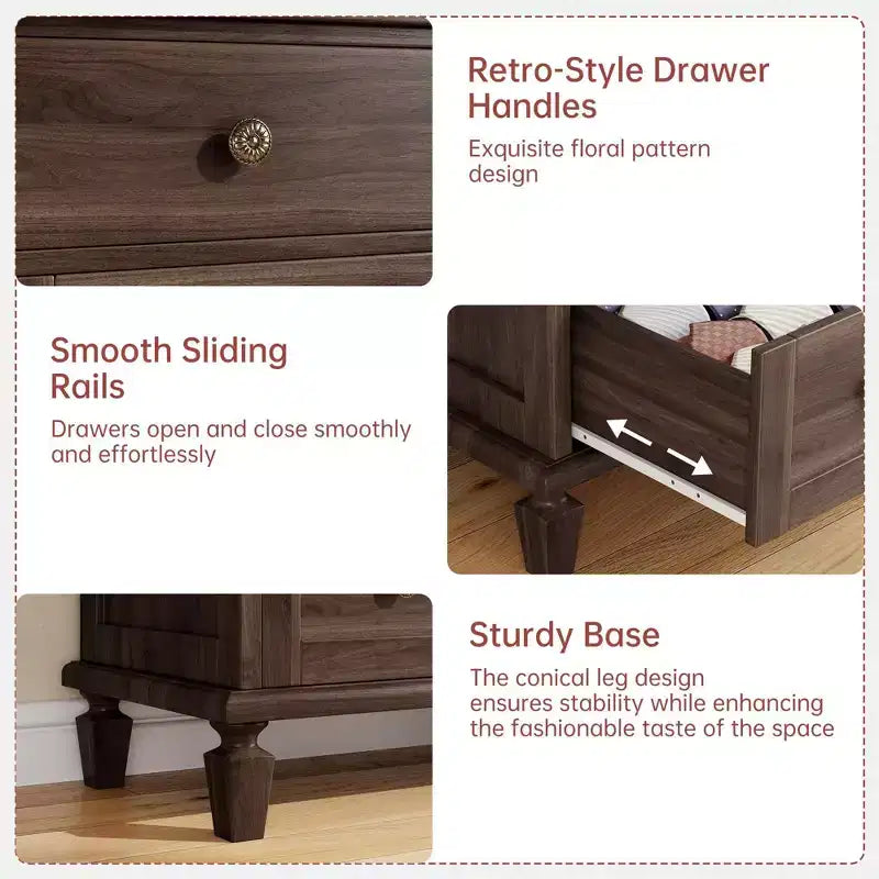 Commode de chambre à 6 tiroirs, commode vintage avec poignées sculptées