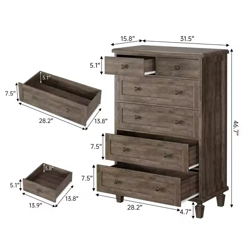 Commode de chambre à 6 tiroirs, commode vintage avec poignées sculptées