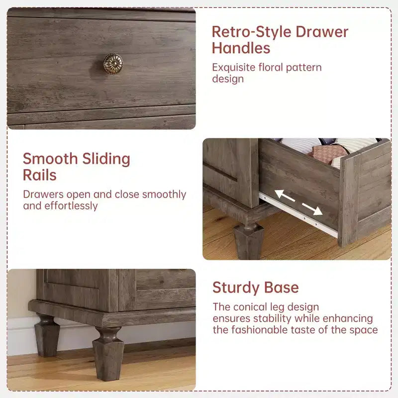 Commode de chambre à 6 tiroirs, commode vintage avec poignées sculptées