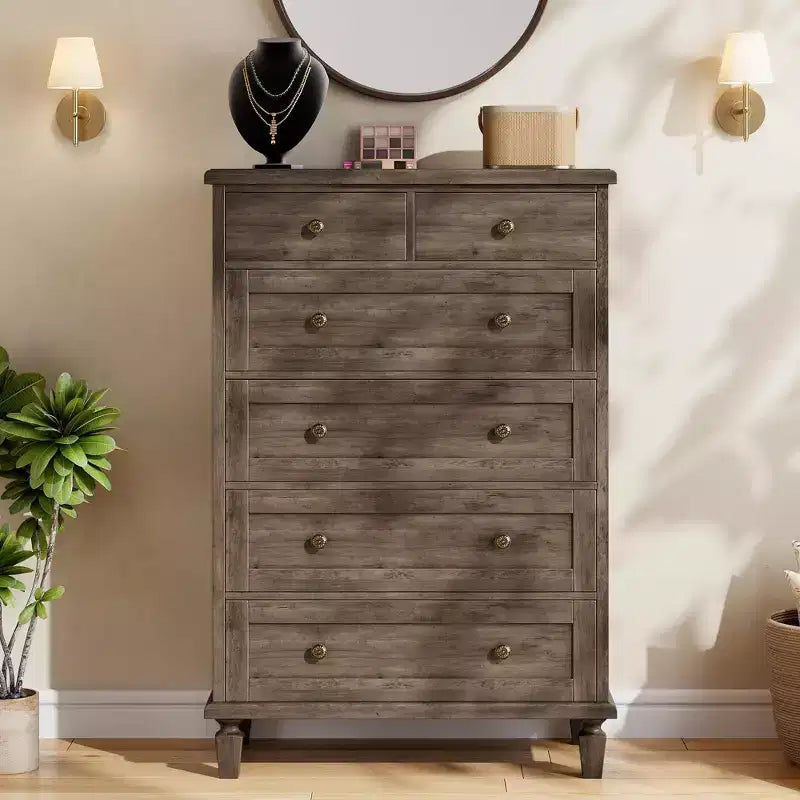 Commode de chambre à 6 tiroirs, commode vintage avec poignées sculptées