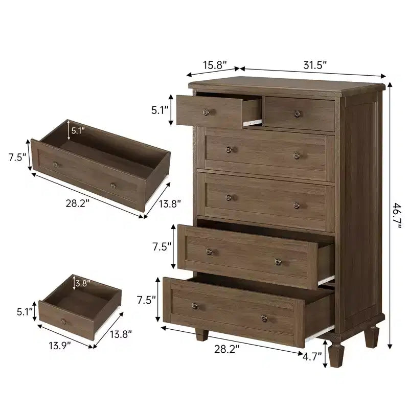 Commode de chambre à 6 tiroirs, commode vintage avec poignées sculptées