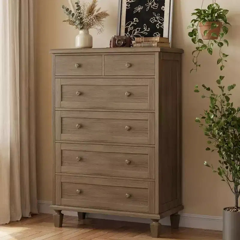 Commode de chambre à 6 tiroirs, commode vintage avec poignées sculptées