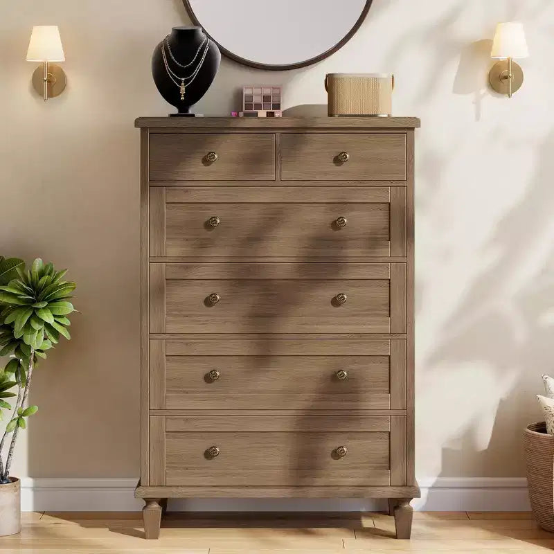 Commode de chambre à 6 tiroirs, commode vintage avec poignées sculptées