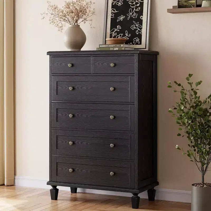Commode de chambre à 6 tiroirs, commode vintage avec poignées sculptées