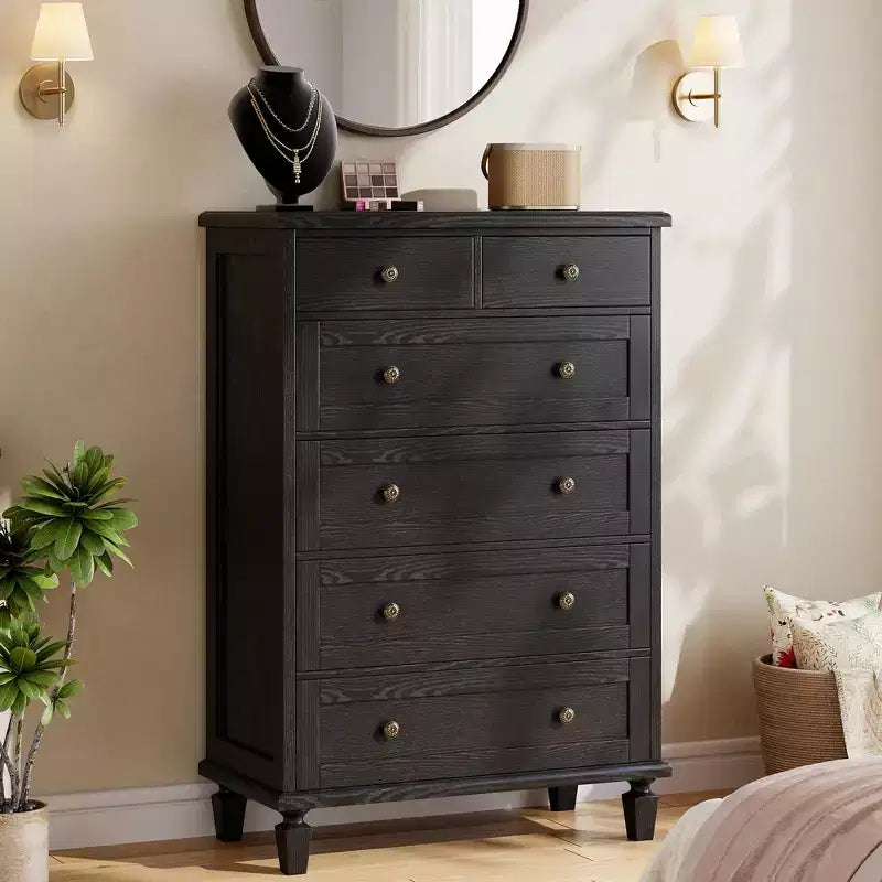 Commode de chambre à 6 tiroirs, commode vintage avec poignées sculptées