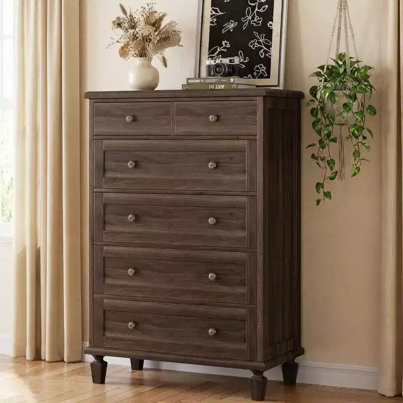 Commode de chambre à 6 tiroirs, commode vintage avec poignées sculptées