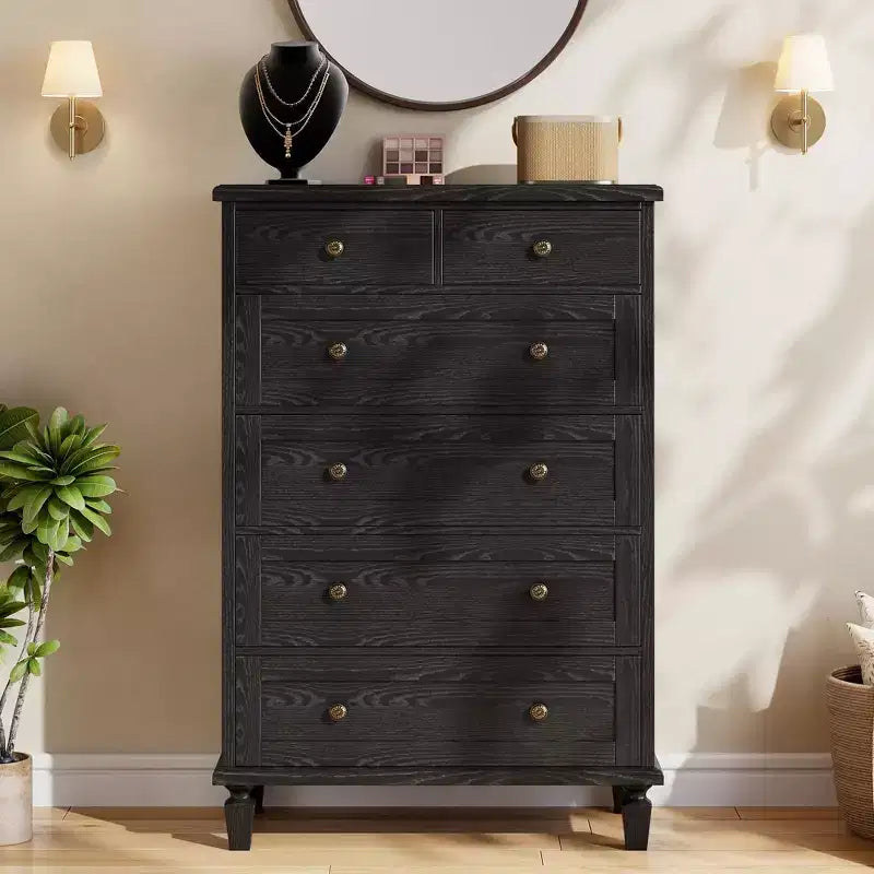 6 Drawer Dresser For Bedroom, Vintage Chest of Drawers with Carved Handles, 47H Narrow Nightstand, Wooden Dresser Organizer for Entryway,Light Brown