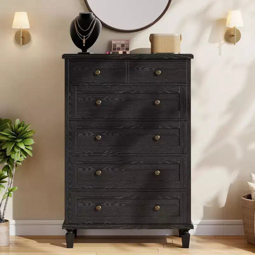 6 Drawer Dresser For Bedroom, Vintage Chest of Drawers with Carved Handles, 47H Narrow Nightstand, Wooden Dresser Organizer for Entryway,Light Brown