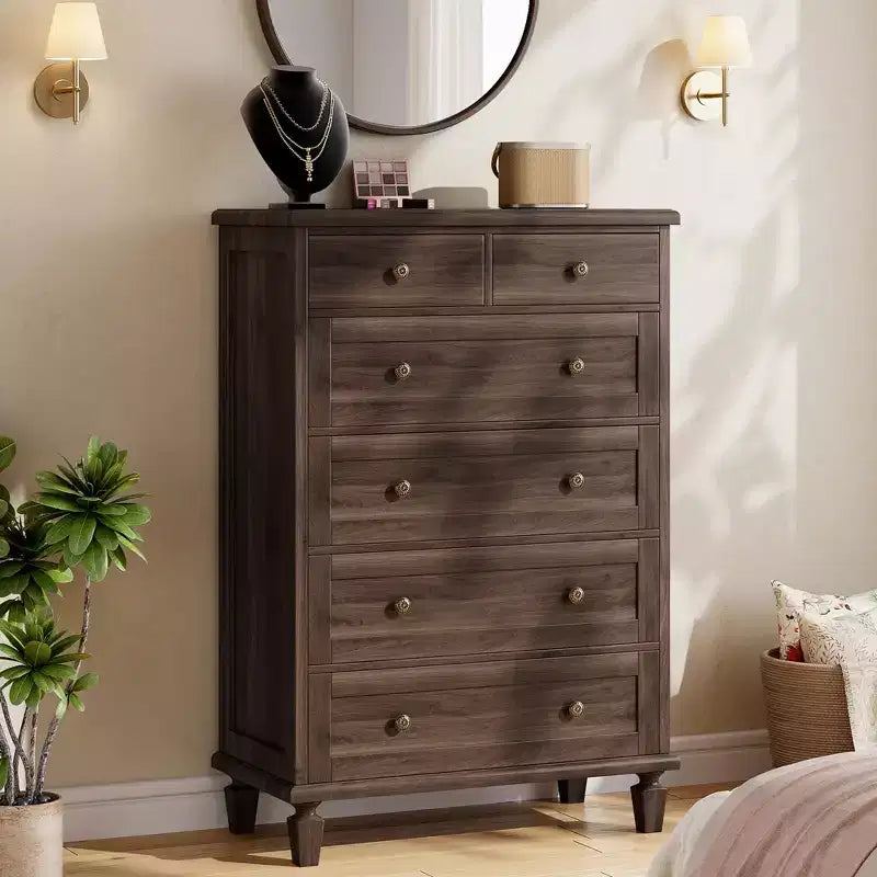 Commode de chambre à 6 tiroirs, commode vintage avec poignées sculptées