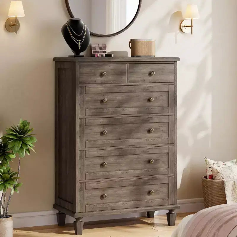 Commode de chambre à 6 tiroirs, commode vintage avec poignées sculptées