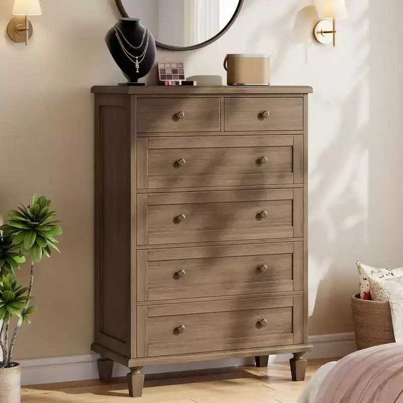 Commode de chambre à 6 tiroirs, commode vintage avec poignées sculptées
