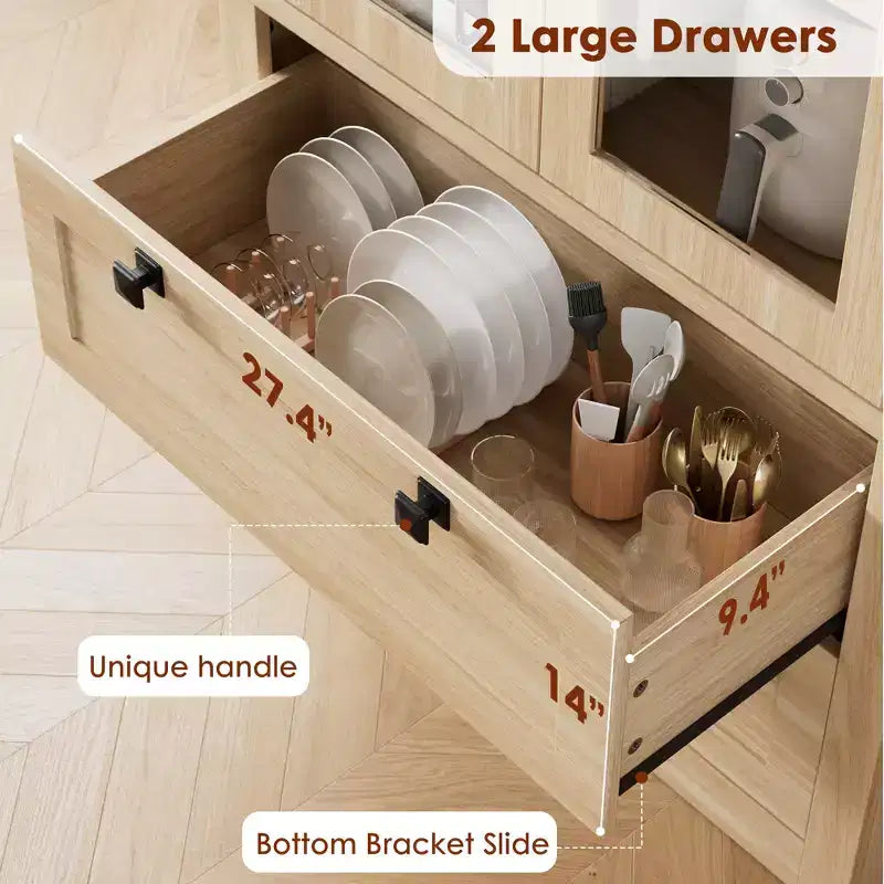 Armoire de garde-manger moderne style ferme - Vaisselier de rangement haut de cuisine avec portes vitrées