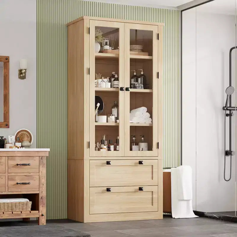 Armoire de garde-manger moderne style ferme - Vaisselier de rangement haut de cuisine avec portes vitrées