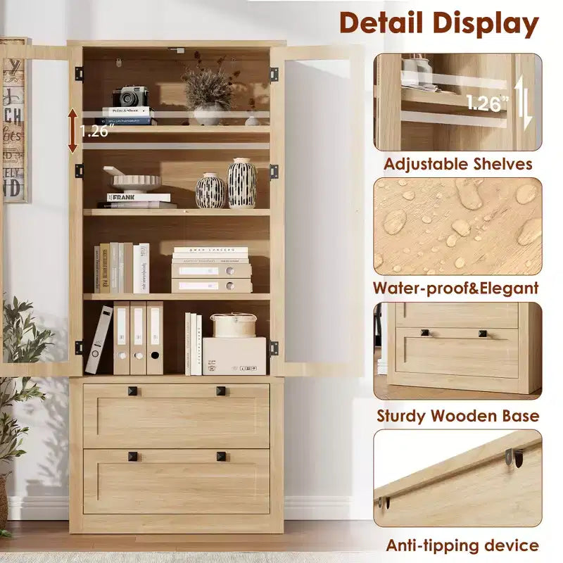 Armoire de garde-manger moderne style ferme - Vaisselier de rangement haut de cuisine avec portes vitrées