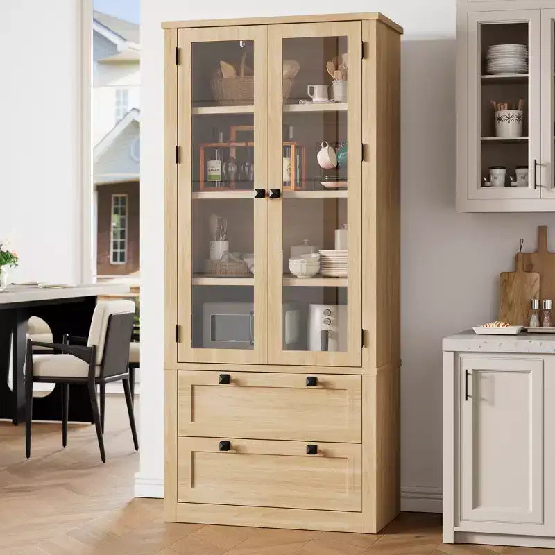 Armoire de garde-manger moderne style ferme - Vaisselier de rangement haut de cuisine avec portes vitrées