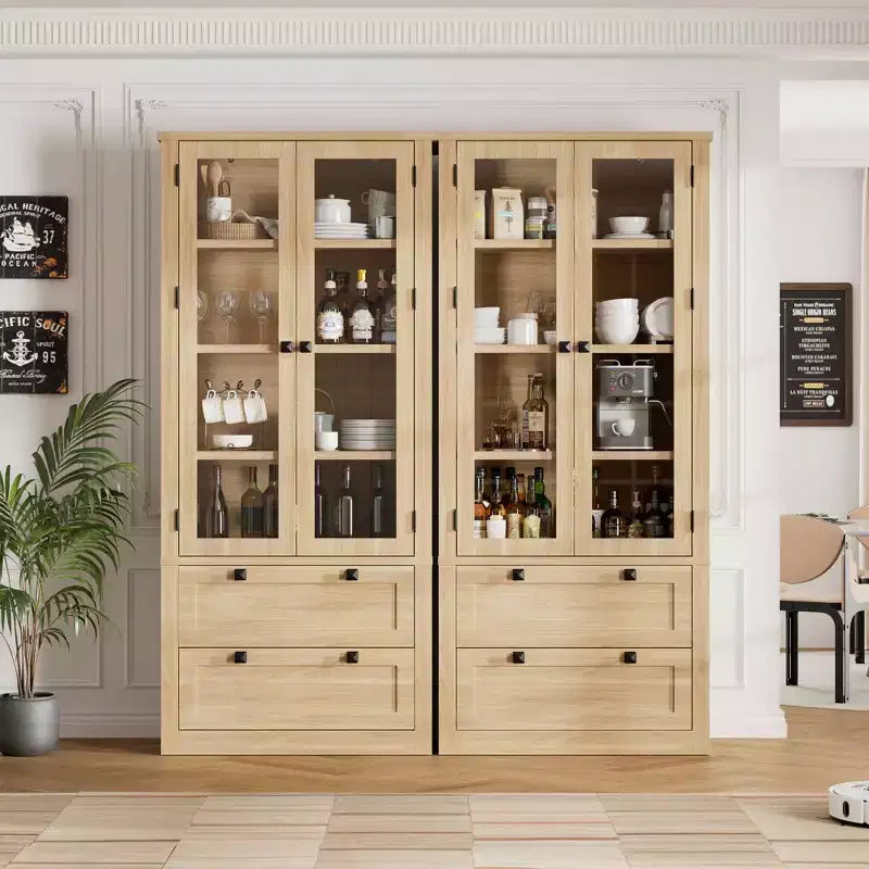 Armoire de garde-manger moderne style ferme - Vaisselier de rangement haut de cuisine avec portes vitrées