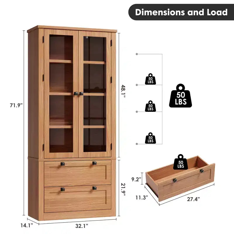 Armoire de garde-manger moderne style ferme - Vaisselier de rangement haut de cuisine avec portes vitrées