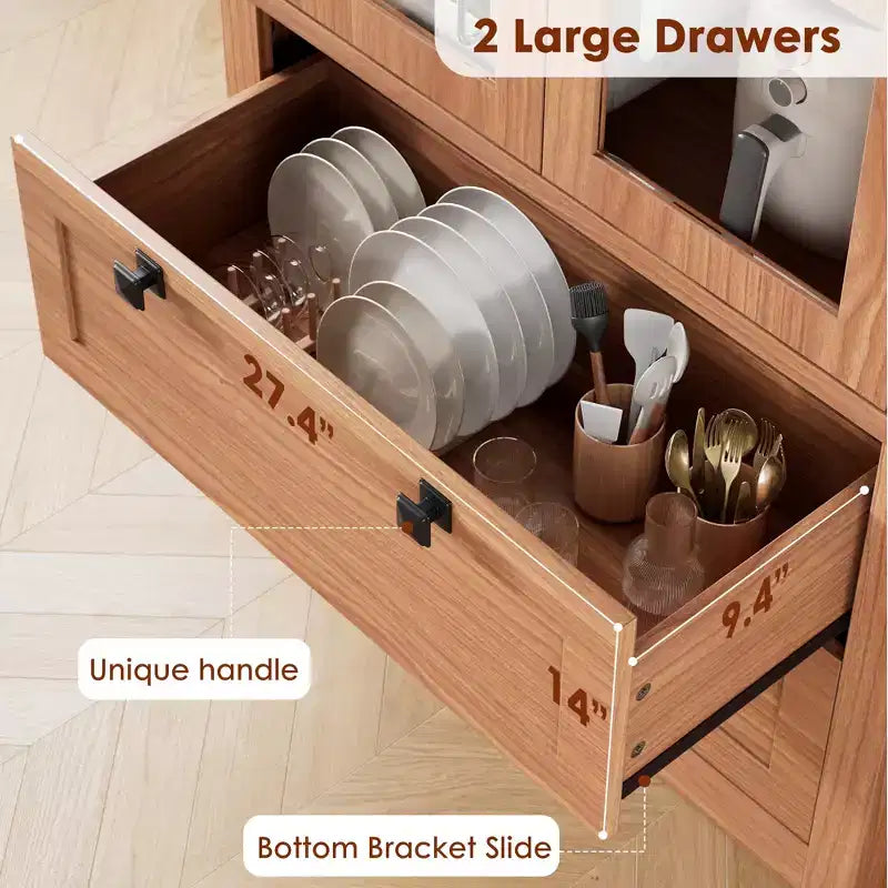 Armoire de garde-manger moderne style ferme - Vaisselier de rangement haut de cuisine avec portes vitrées