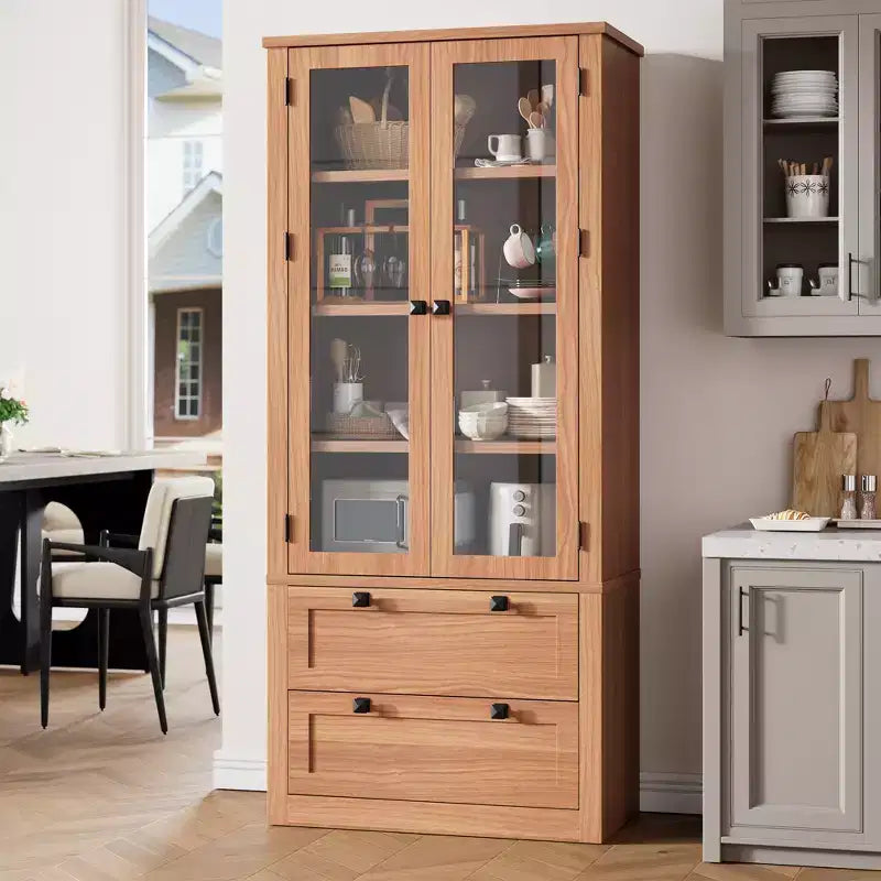 Armoire de garde-manger moderne style ferme - Vaisselier de rangement haut de cuisine avec portes vitrées
