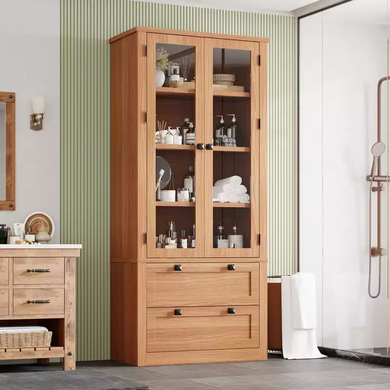 Armoire de garde-manger moderne style ferme - Vaisselier de rangement haut de cuisine avec portes vitrées