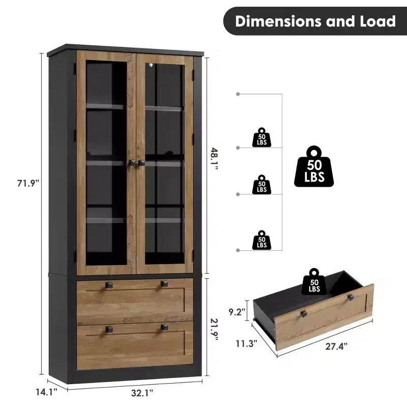 Armoire de garde-manger moderne style ferme - Vaisselier de rangement haut de cuisine avec portes vitrées
