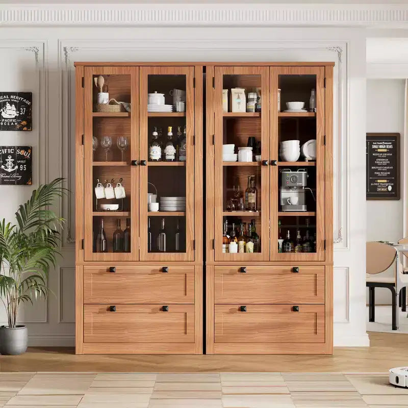 Armoire de garde-manger moderne style ferme - Vaisselier de rangement haut de cuisine avec portes vitrées