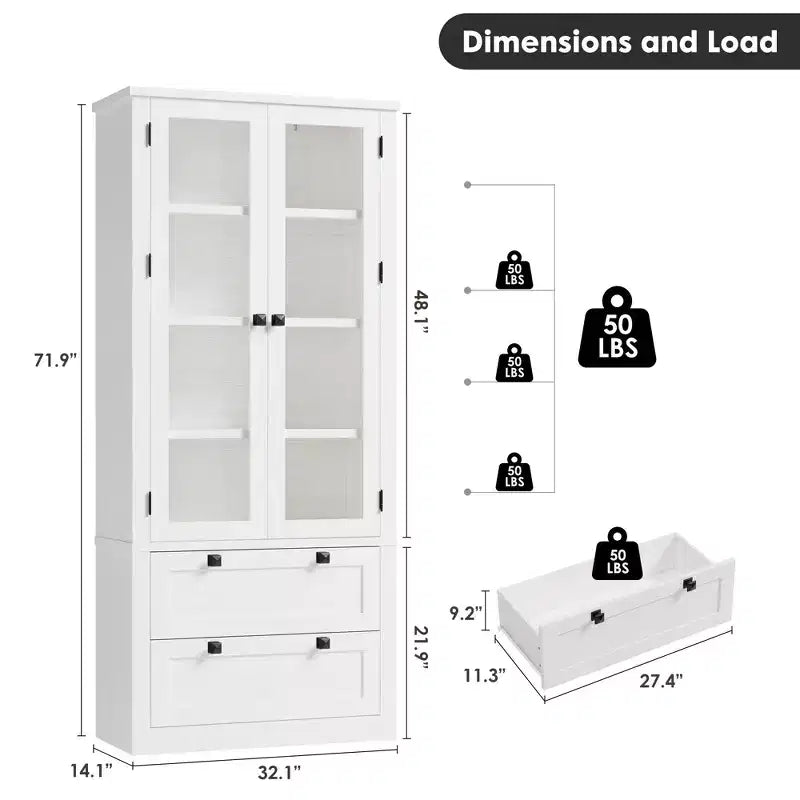 Armoire de garde-manger moderne style ferme - Vaisselier de rangement haut de cuisine avec portes vitrées