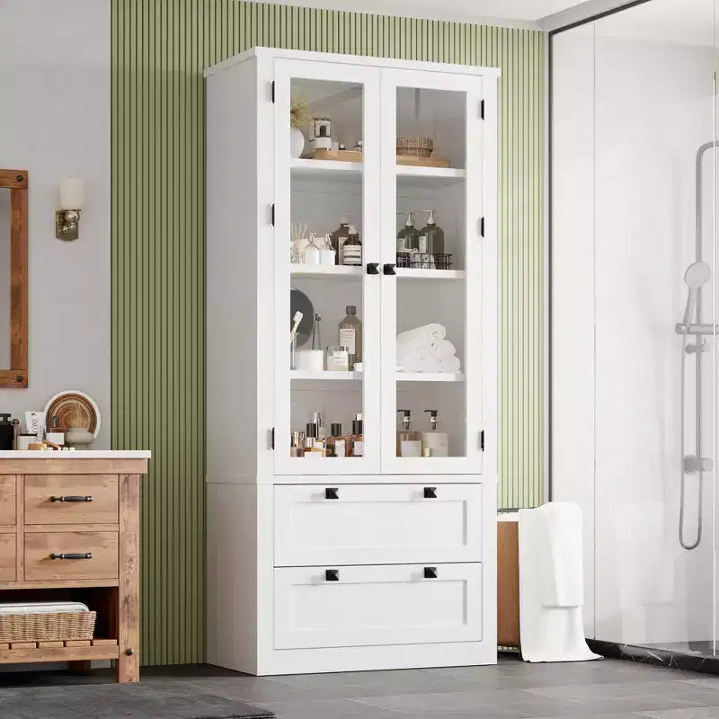 Armoire de garde-manger moderne style ferme - Vaisselier de rangement haut de cuisine avec portes vitrées