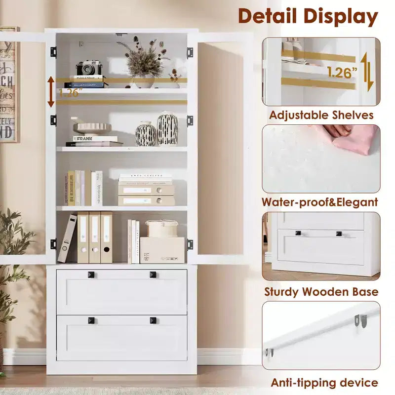 Armoire de garde-manger moderne style ferme - Vaisselier de rangement haut de cuisine avec portes vitrées