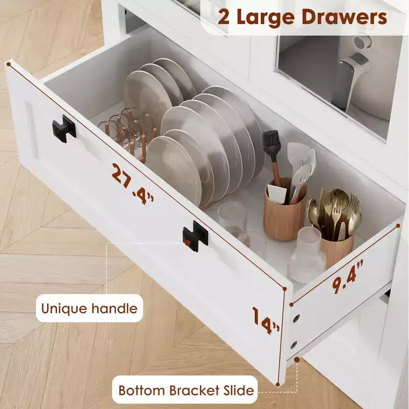 Armoire de garde-manger moderne style ferme - Vaisselier de rangement haut de cuisine avec portes vitrées